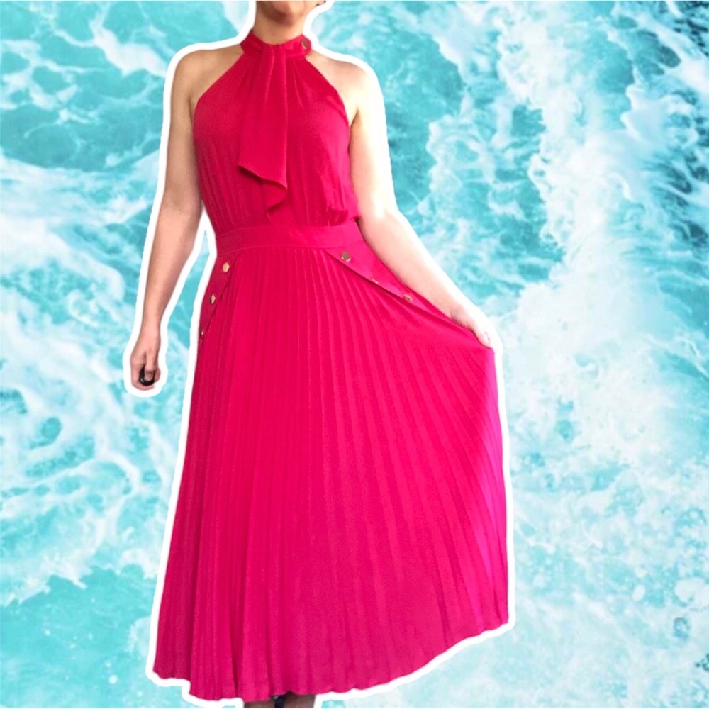 Reiss Nina Pleated Midi Halterneck Dress in Magnolia Pink, Size 10